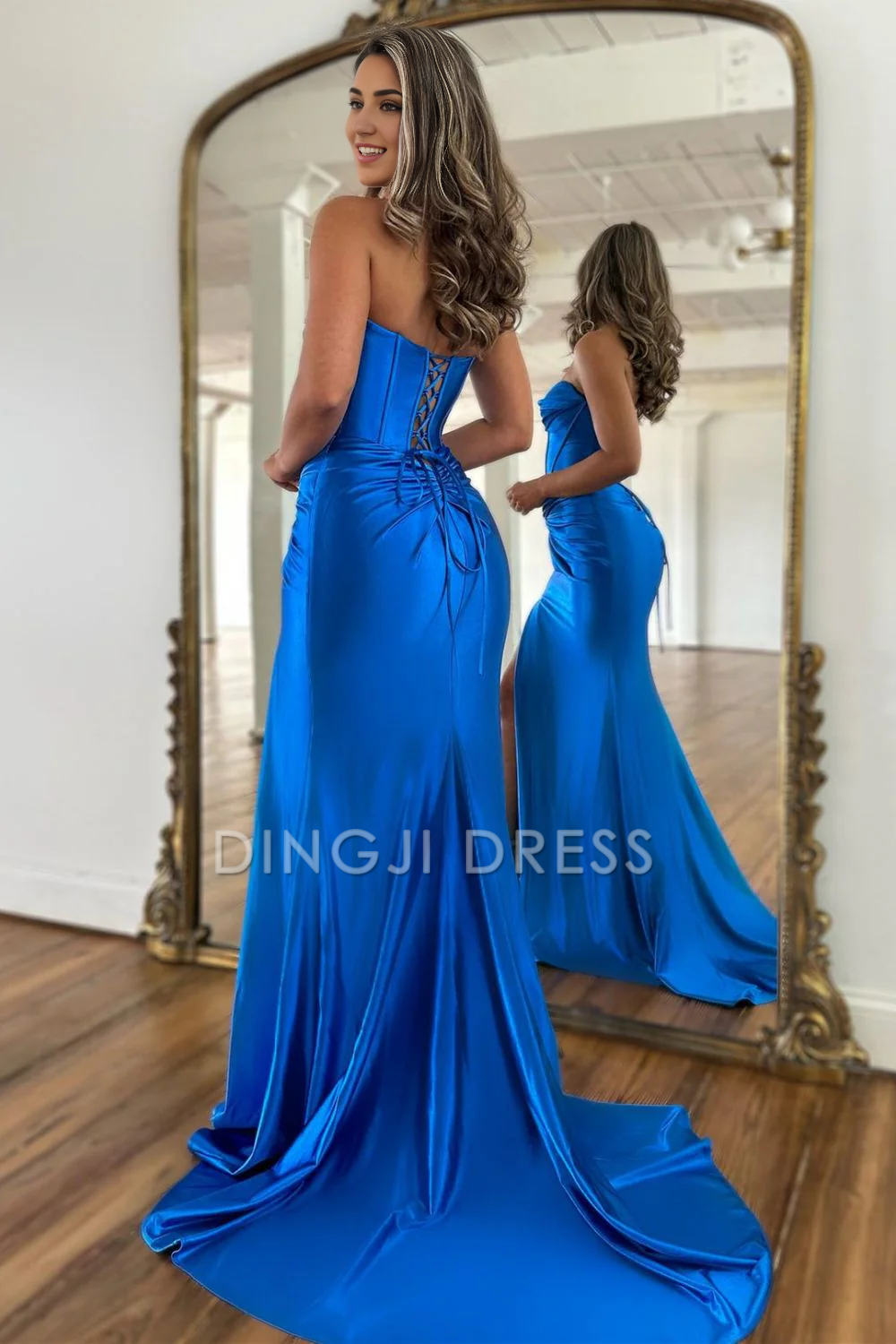 DingJiDress Satin Mermaid Strapless Lace Up Long With Split Fashion Prom Dress