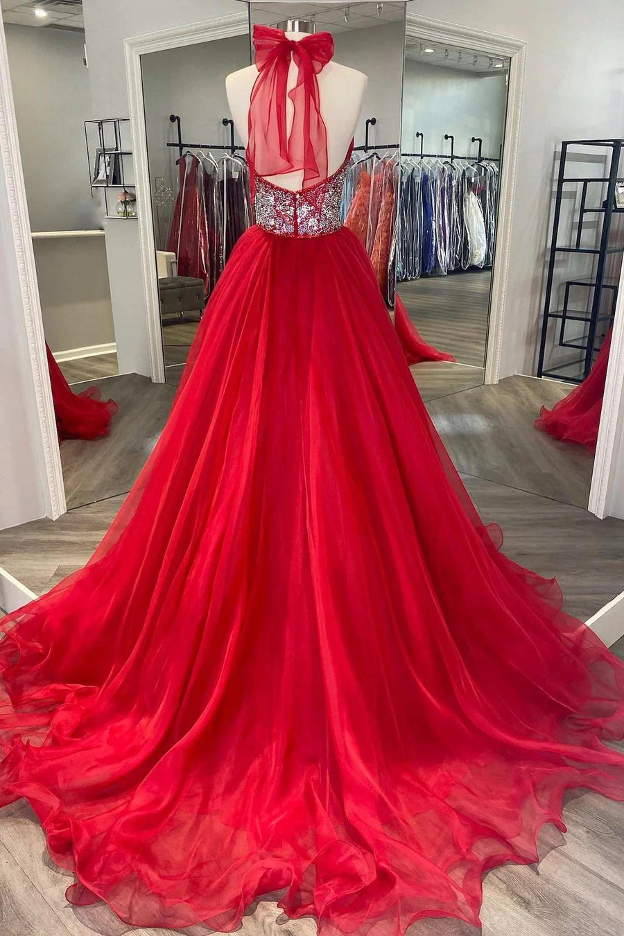 Red Beaded Halter Backless A-Line Long Prom Dresses