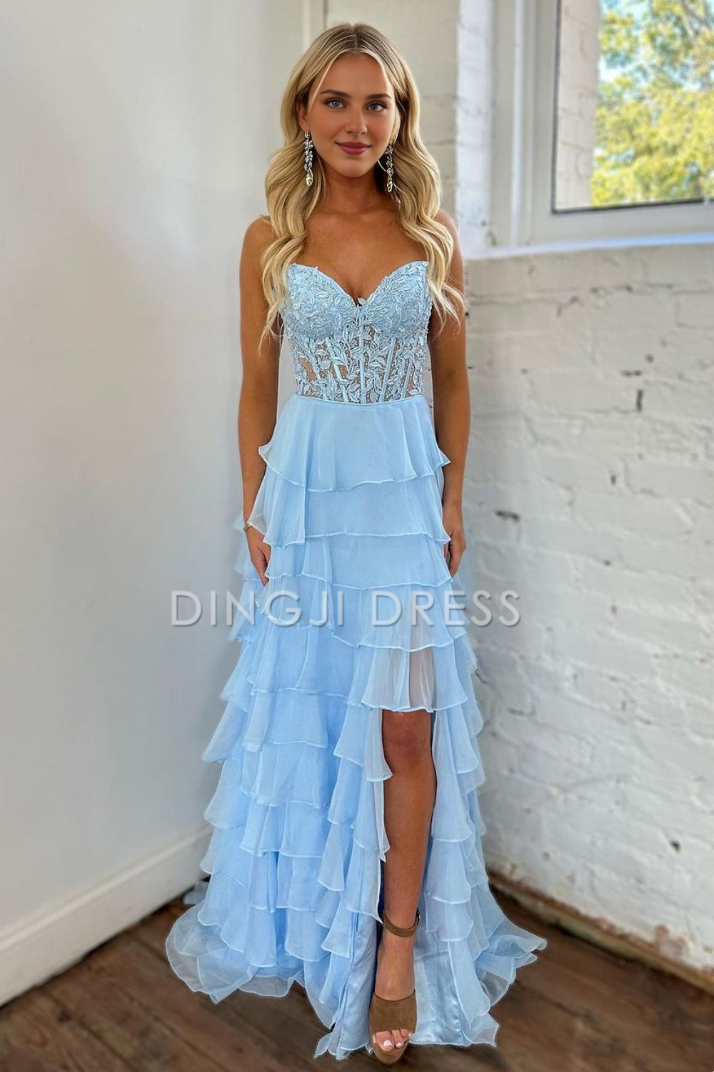 DingJiDress Elegant A-Line Sweetheart Lace And Chiffon layering With Slit Long Exquisite Prom Dress
