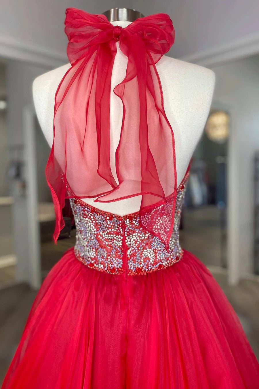 Red Beaded Halter Backless A-Line Long Prom Dresses
