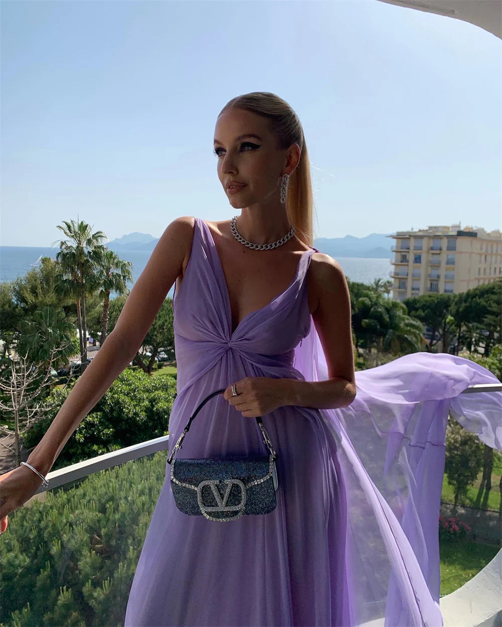 Simple V-neck purple long ball party gown
