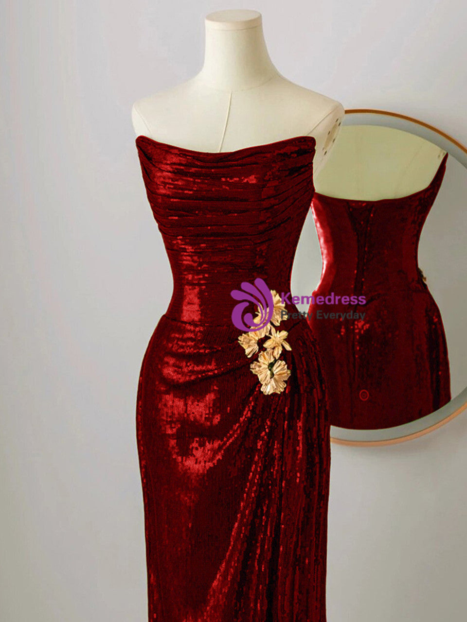 Burgundy Sequins Strapless Pleats Prom Dress
