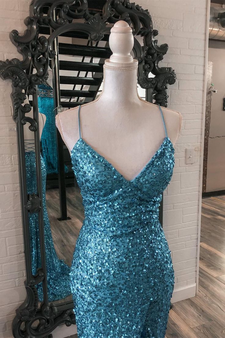 Blue suspender sequin mermaid long formal dress