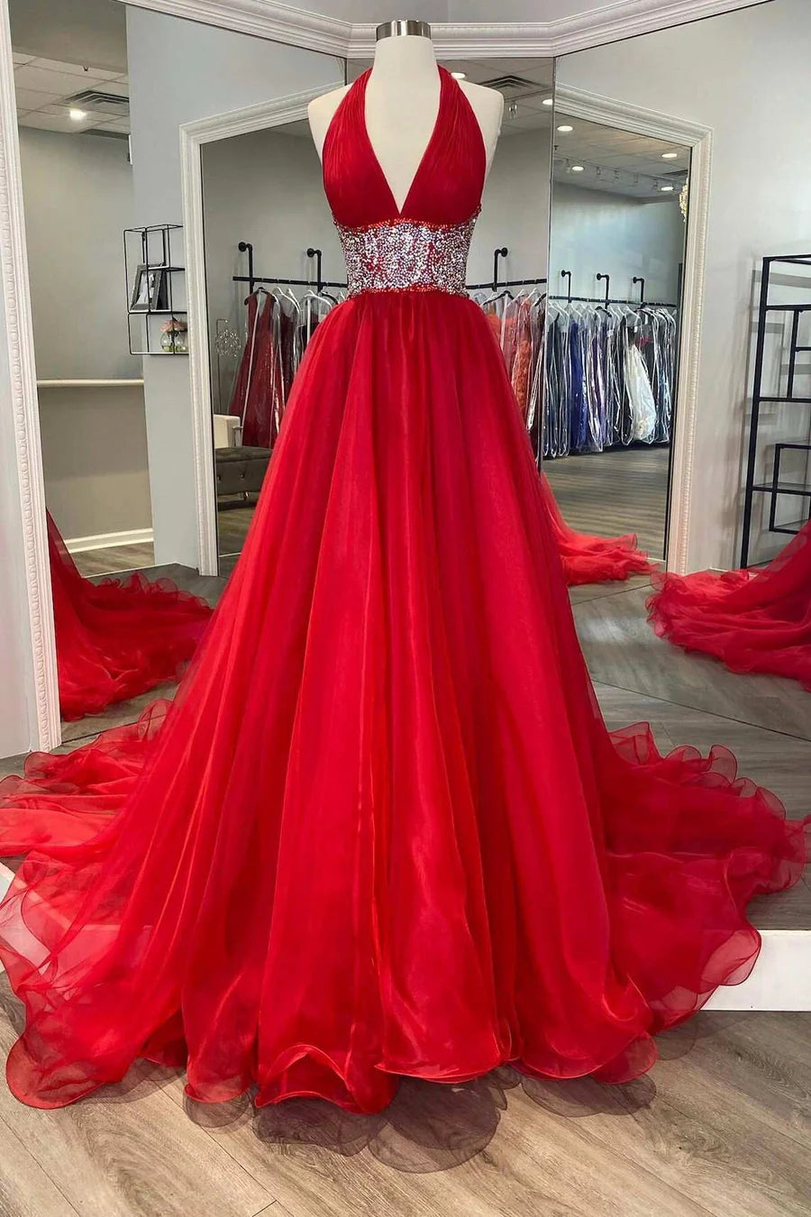 Red Beaded Halter Backless A-Line Long Prom Dresses
