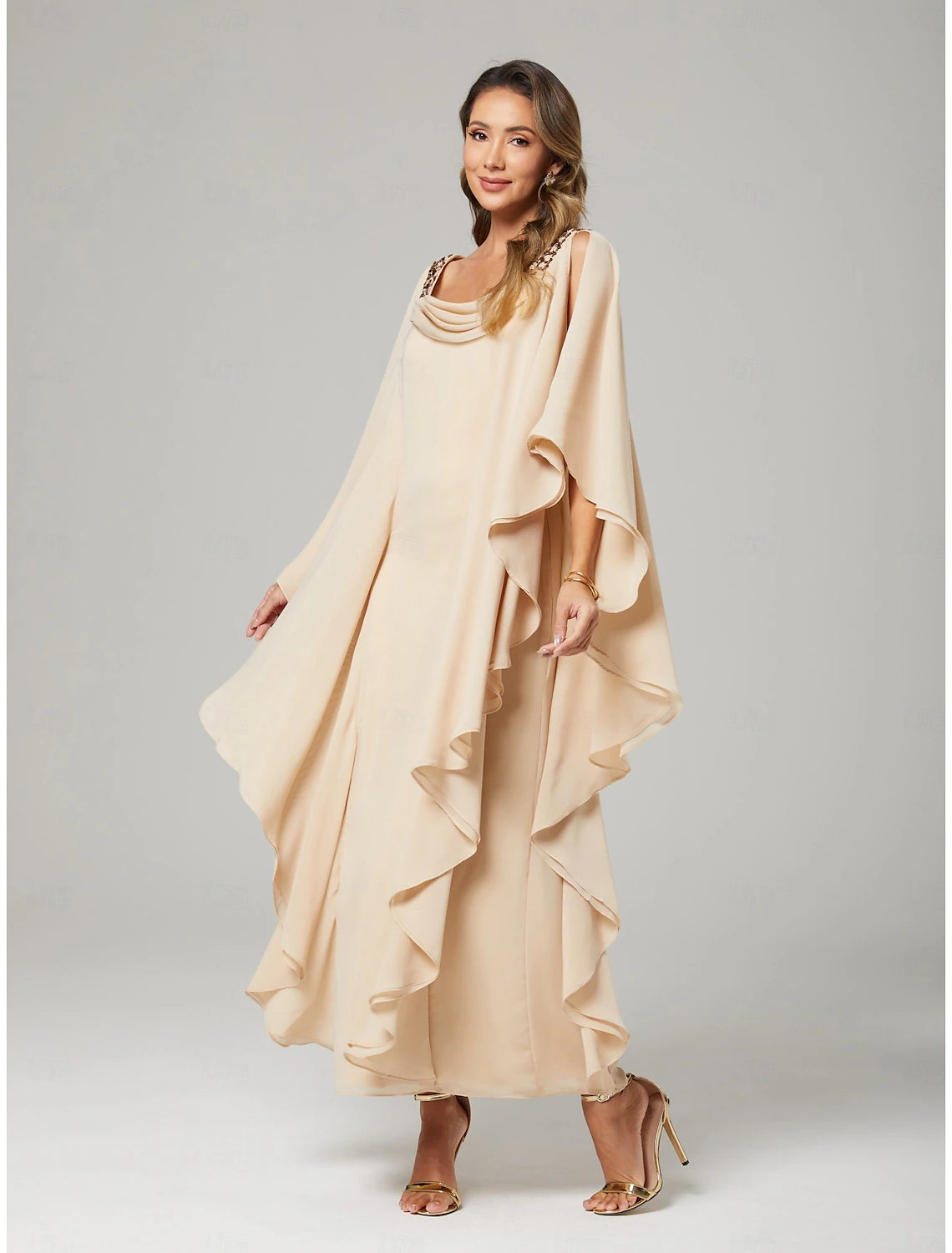 Sheath / Column Mother of the Bride Dress Wedding Guest Elegant Plus Size Crew Neck Floor Length Chiffon Half Sleeve with Beading Cascading Ruffles