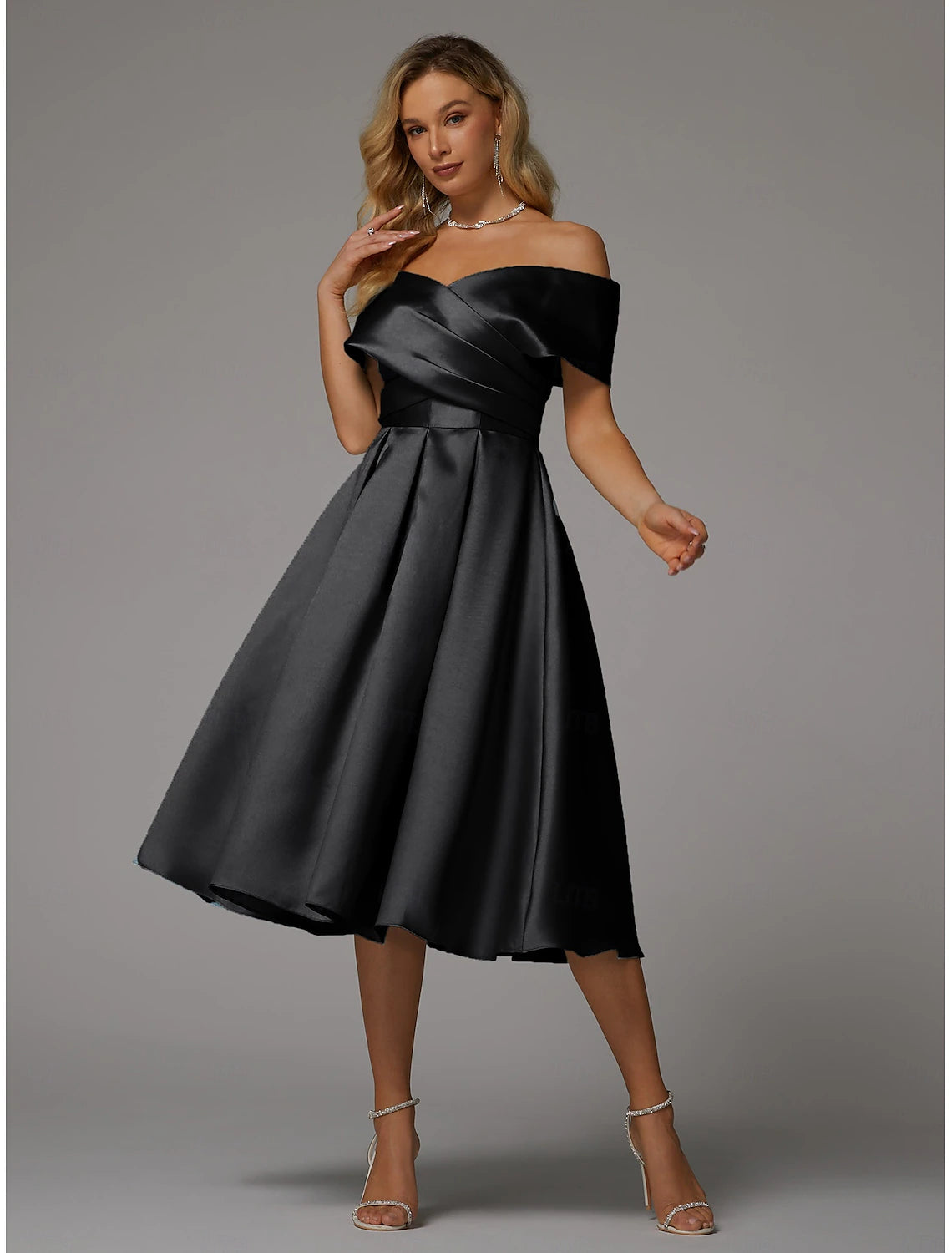 A-Line Cocktail Dresses Elegant Dress Wedding Guest Homecoming Tea Length Short Sleeve V Neck Satin V Back with Pleats Derby Dresses