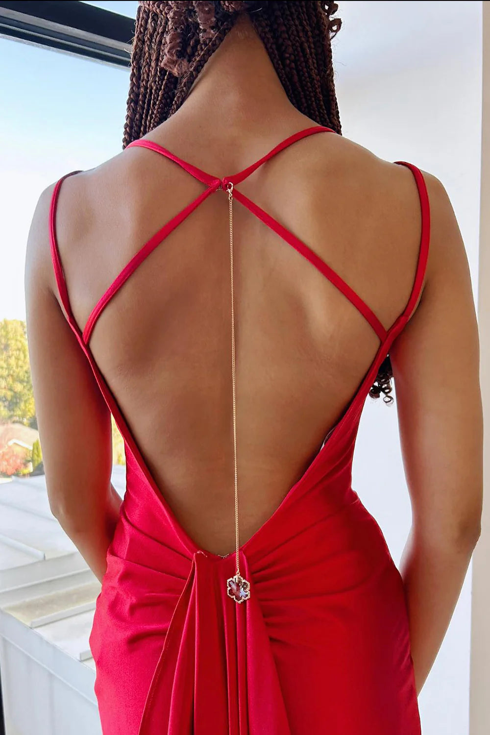 Satin red long slim shoulder strap tight slit ball skirt