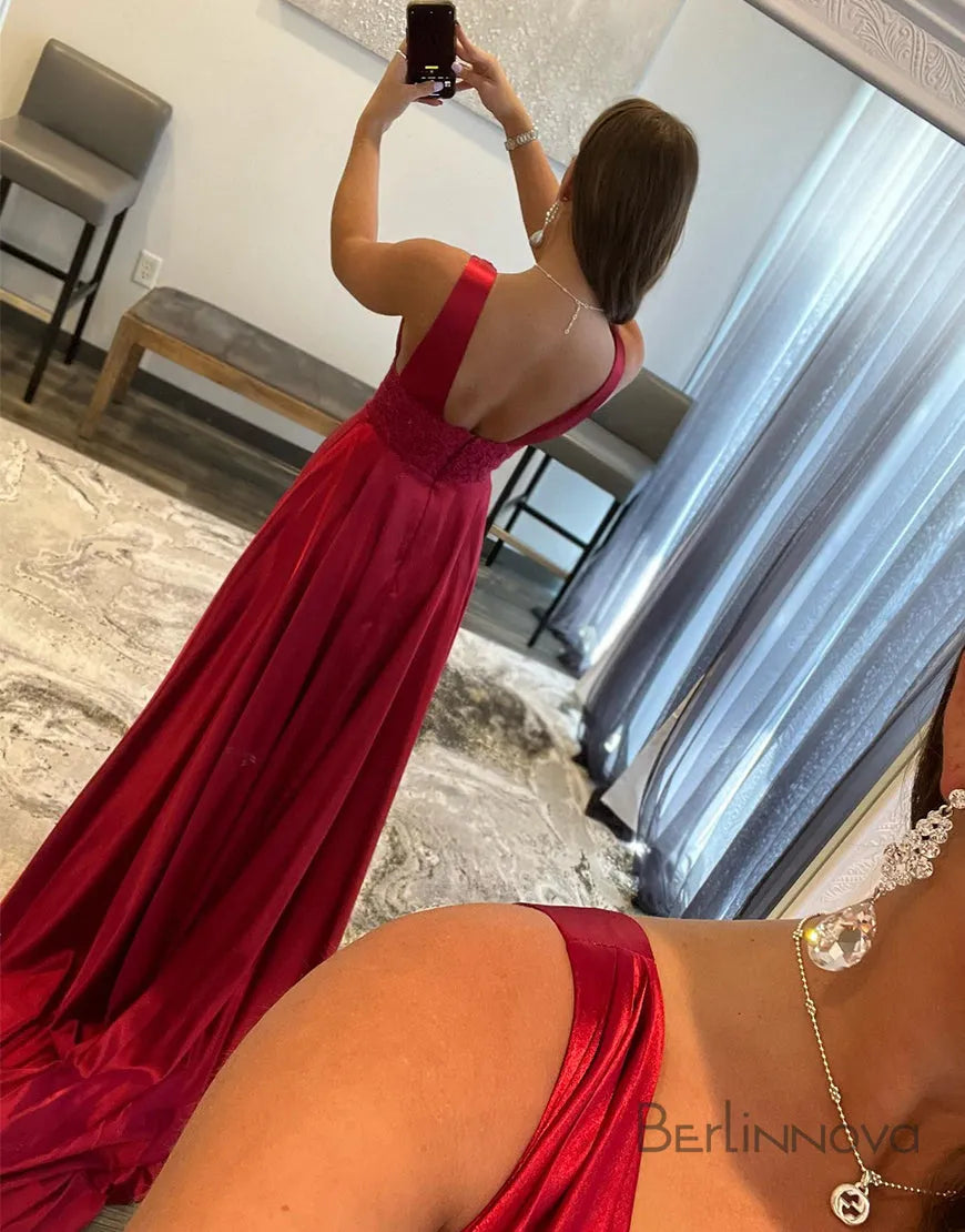 Classic red deep V-neck long slit satin party dress