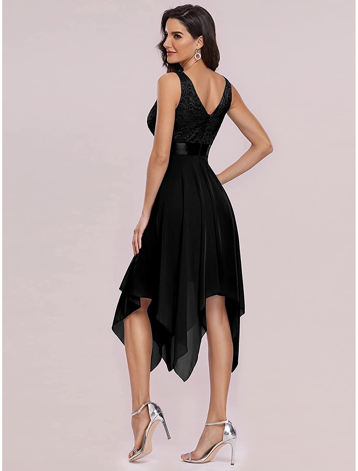 A-Line Cocktail Dresses Elegant Dress Wedding Guest Homecoming Asymmetrical Sleeveless V Neck Chiffon V Back with Pure Color Splicing dress to impress