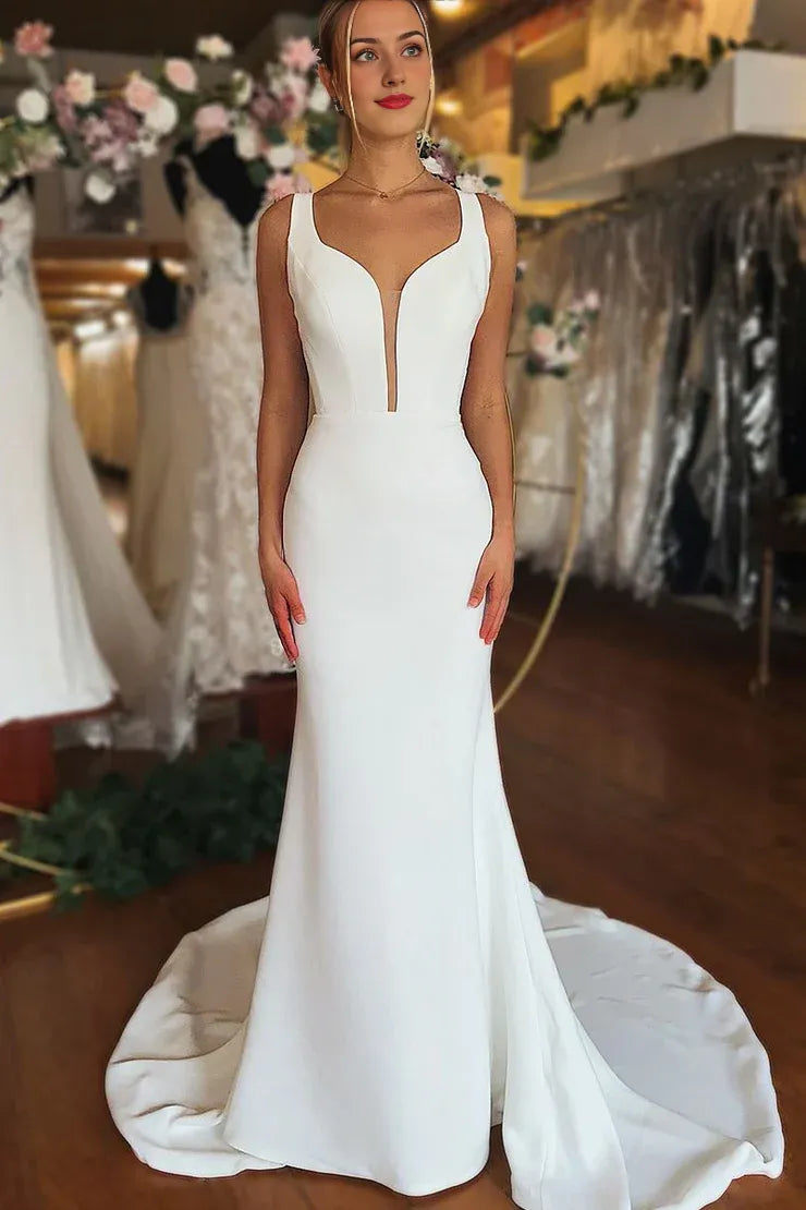 Elegant Mermaid V Neck Elastic Satin Long Wedding Dress wirh