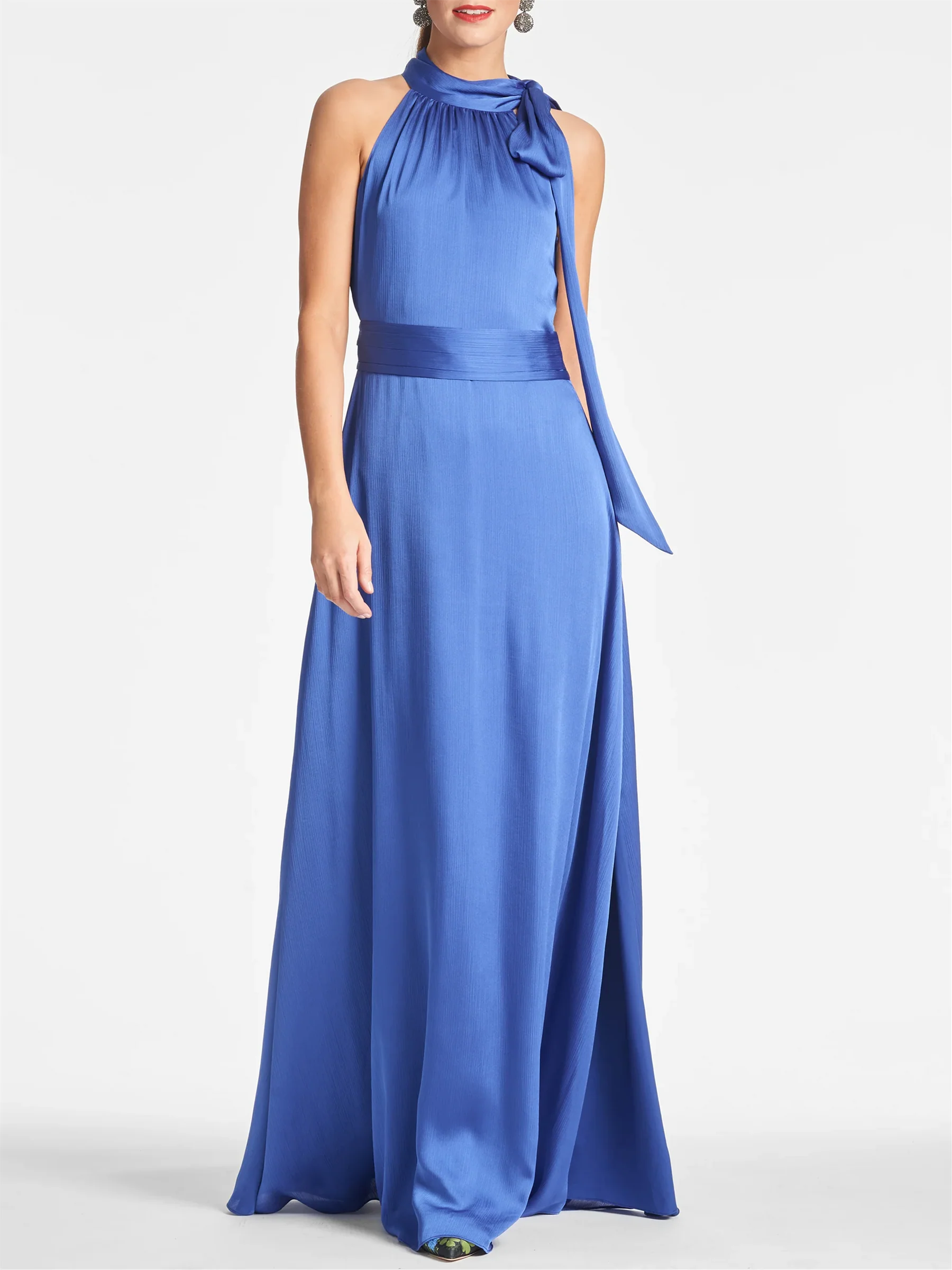 Blue long suspender hanging neck sleeveless floor length evening gown