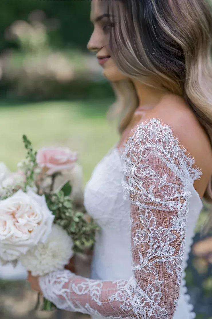 Mermaid V Neck Lace Long Wedding Dresses