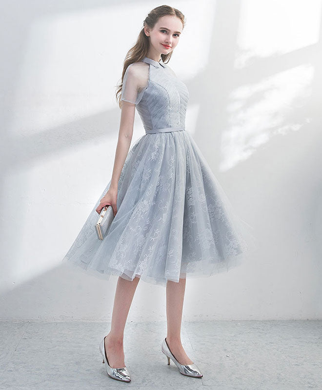 Unique Gray Tulle Lace Short Prom Dress Gray Homecoming Dress