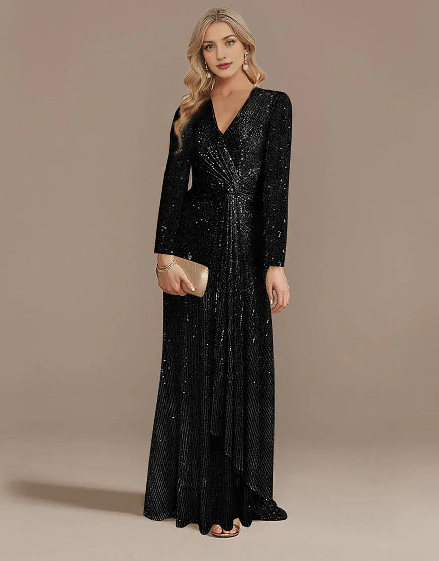 Glitter Navy Mother of the Bride Dress with Long Sleeves