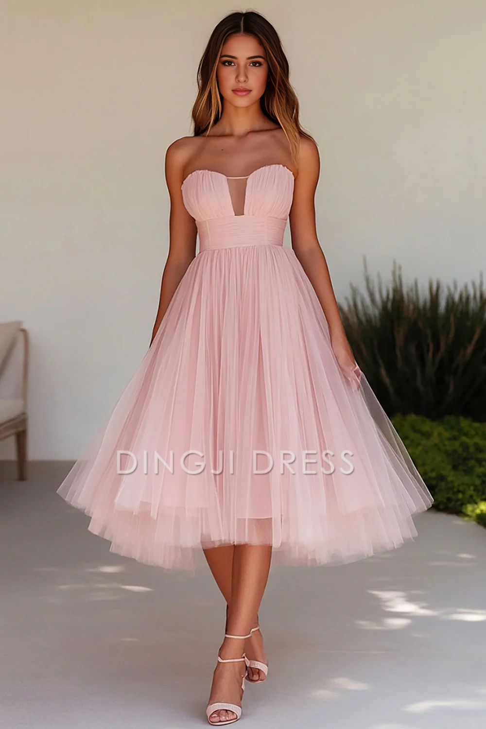 DingJiDress High Quality Dress Elegant A Line Strapless Tulle Knee-Length Fashion Prom Dress