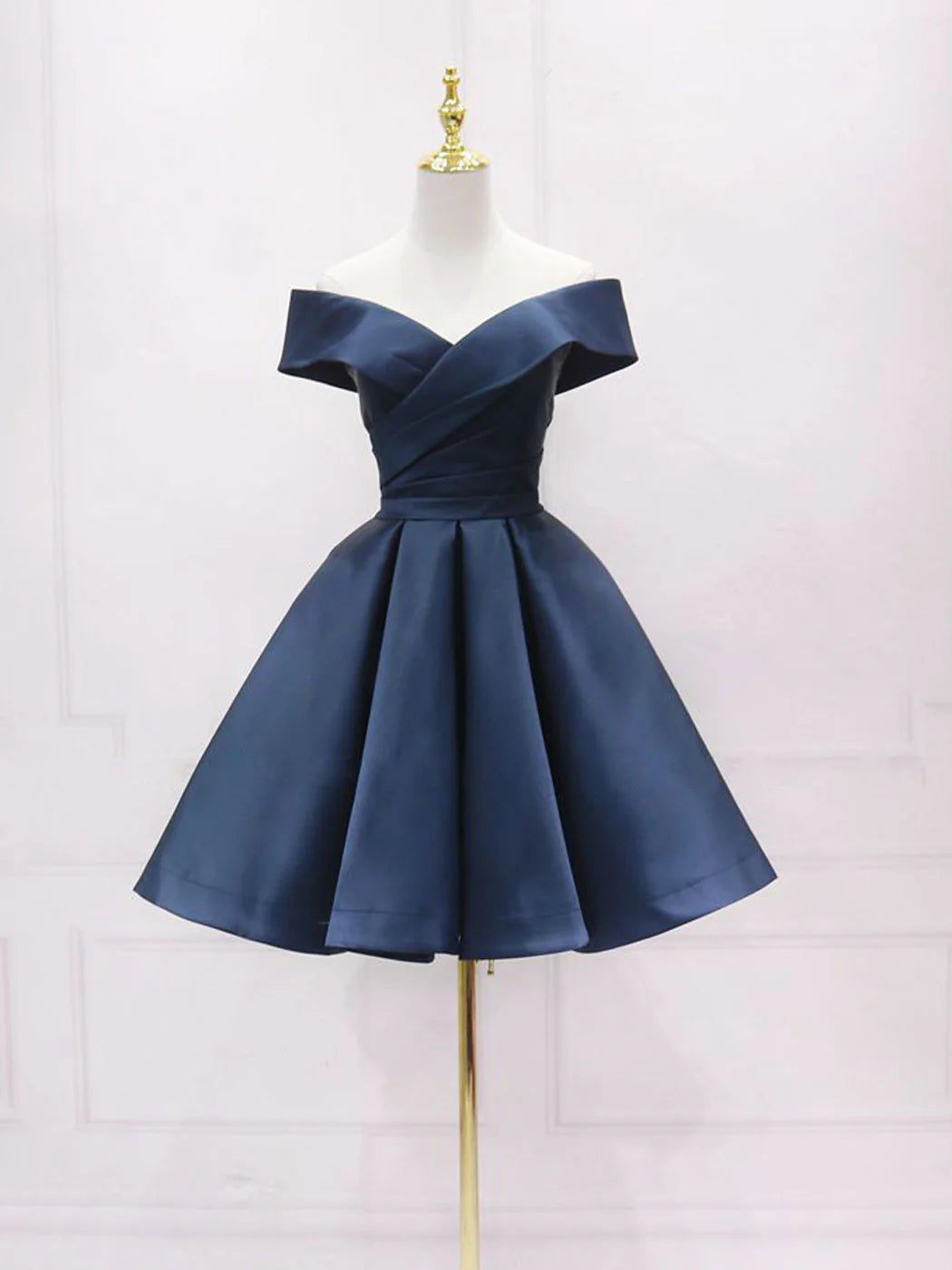 Simple Off Shoulder Satin Dark Blue Short Prom Dress Blue Homecoming Dress