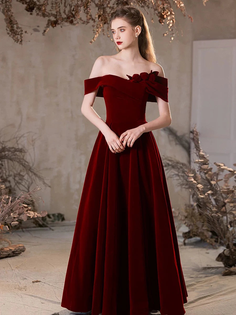 A-Line Off Shoulder Velvet Burgundy Long Prom Dress Burgundy Long Formal Dress