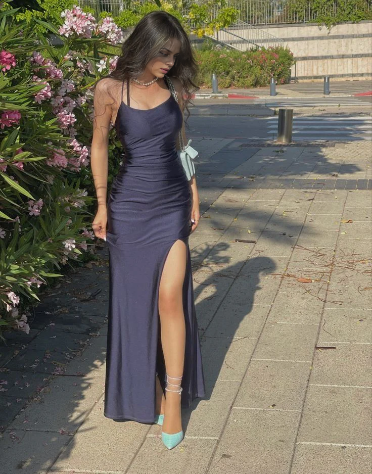 DingJiDress Satin Sheath Spaghetti Strap Sleeveless Mid waist Backless Side Fork Sexy Charming Prom Dress
