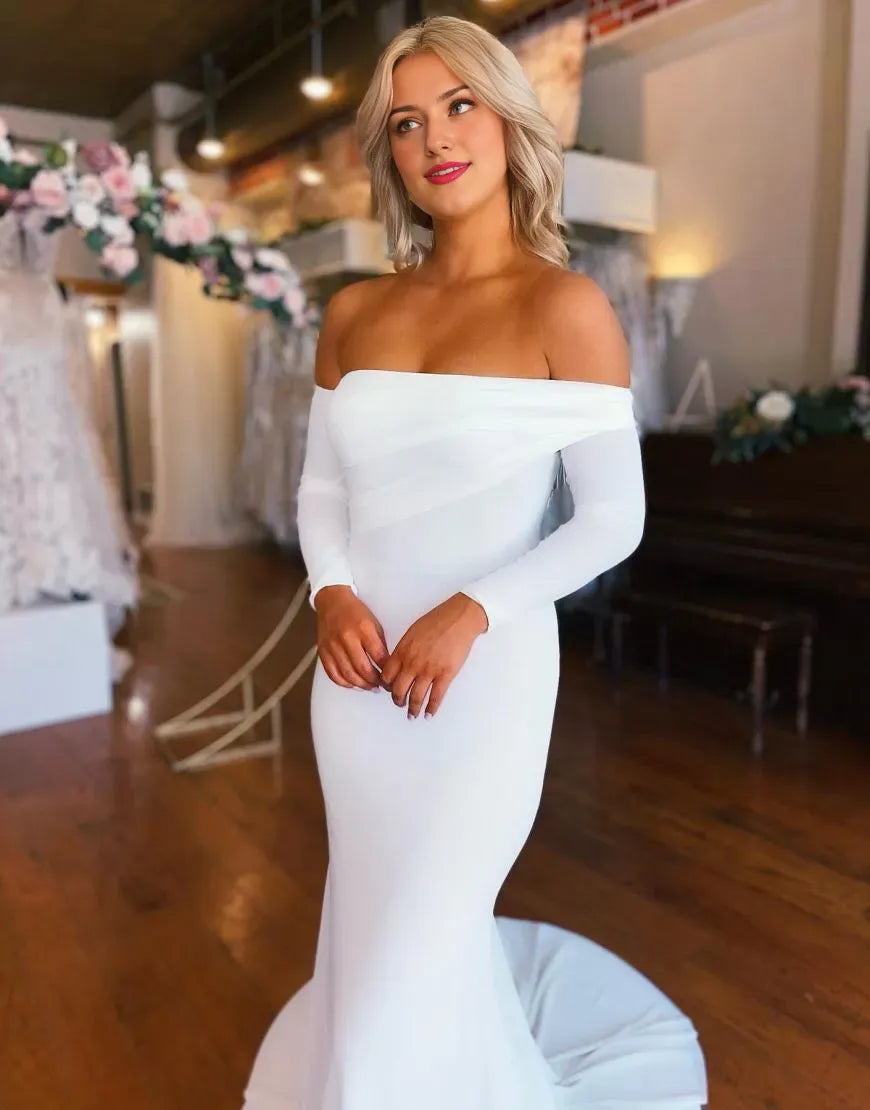Elegant Mermaid Stretch Satin Off The Shoulder Sleeves Wedding Dress