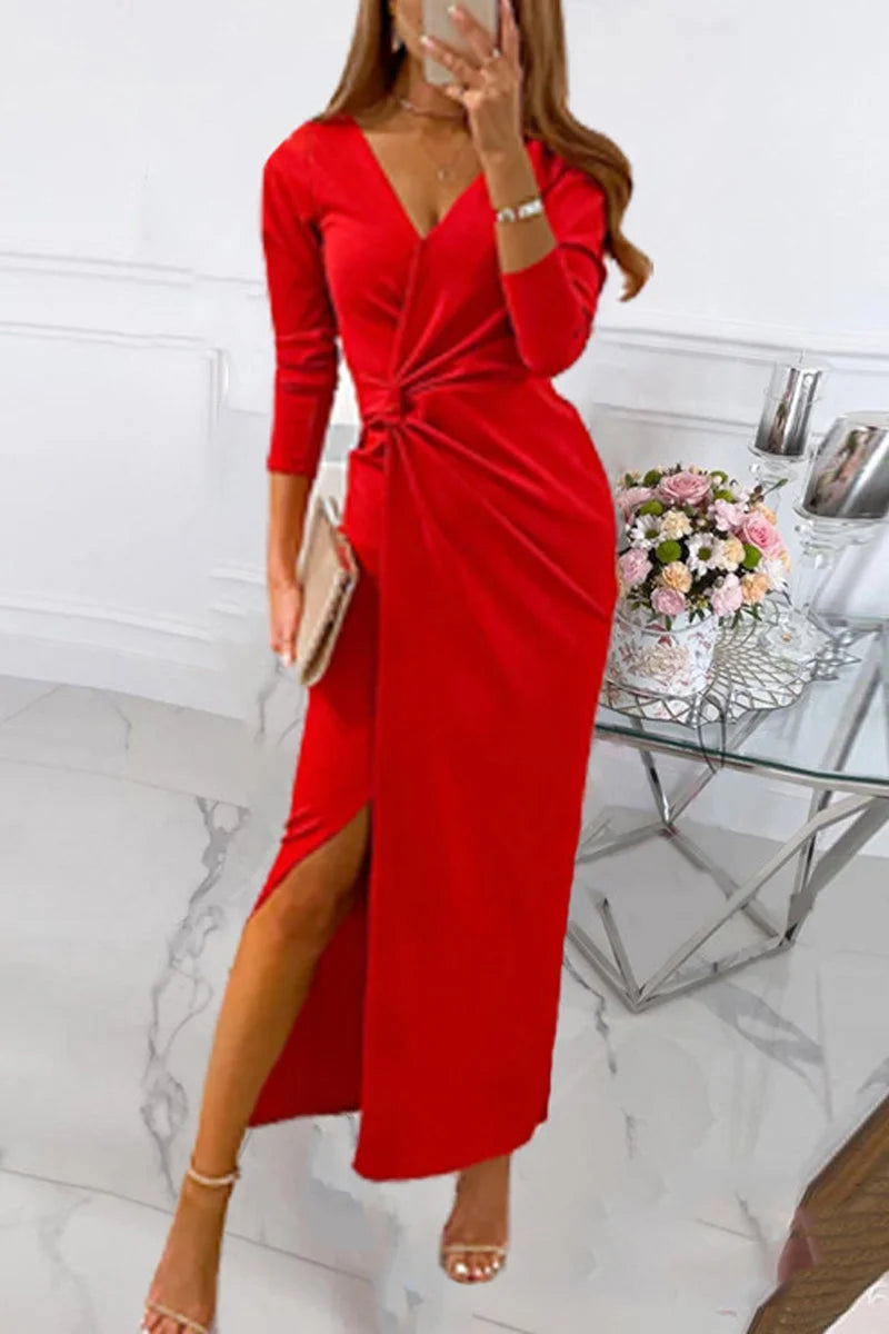 Elegant Solid Slit Fold V Neck Evening Dress Dresses