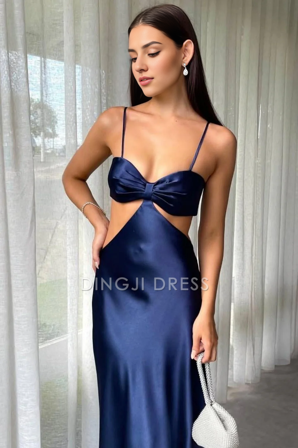 DingJiDress Stylish Sheath Waist Hollow Backless Tie Back Long Satin Charming Prom Dress