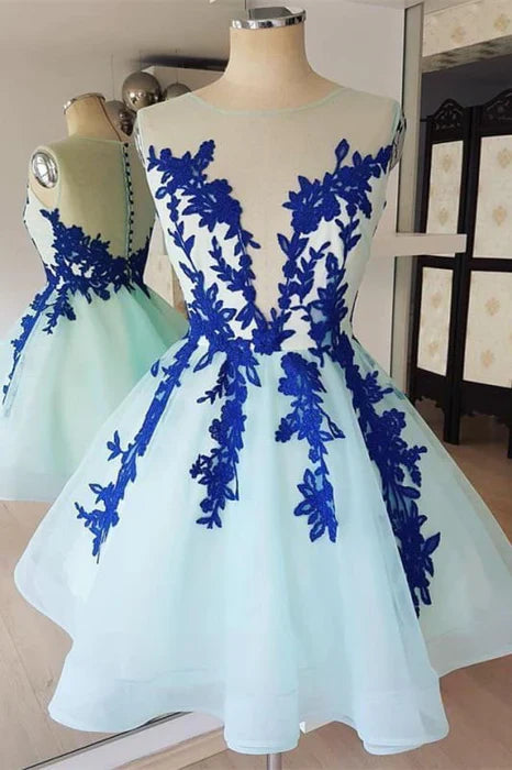 DingJiDress Short Prom Dress A Line Sheer Round Neck Sleeveless Short Appliques Homecoming Dress