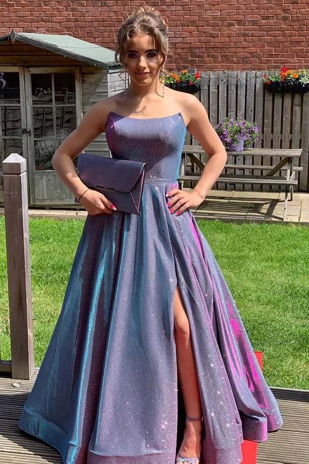 A-Line Purple Multi Sequin Strapless Prom Gown