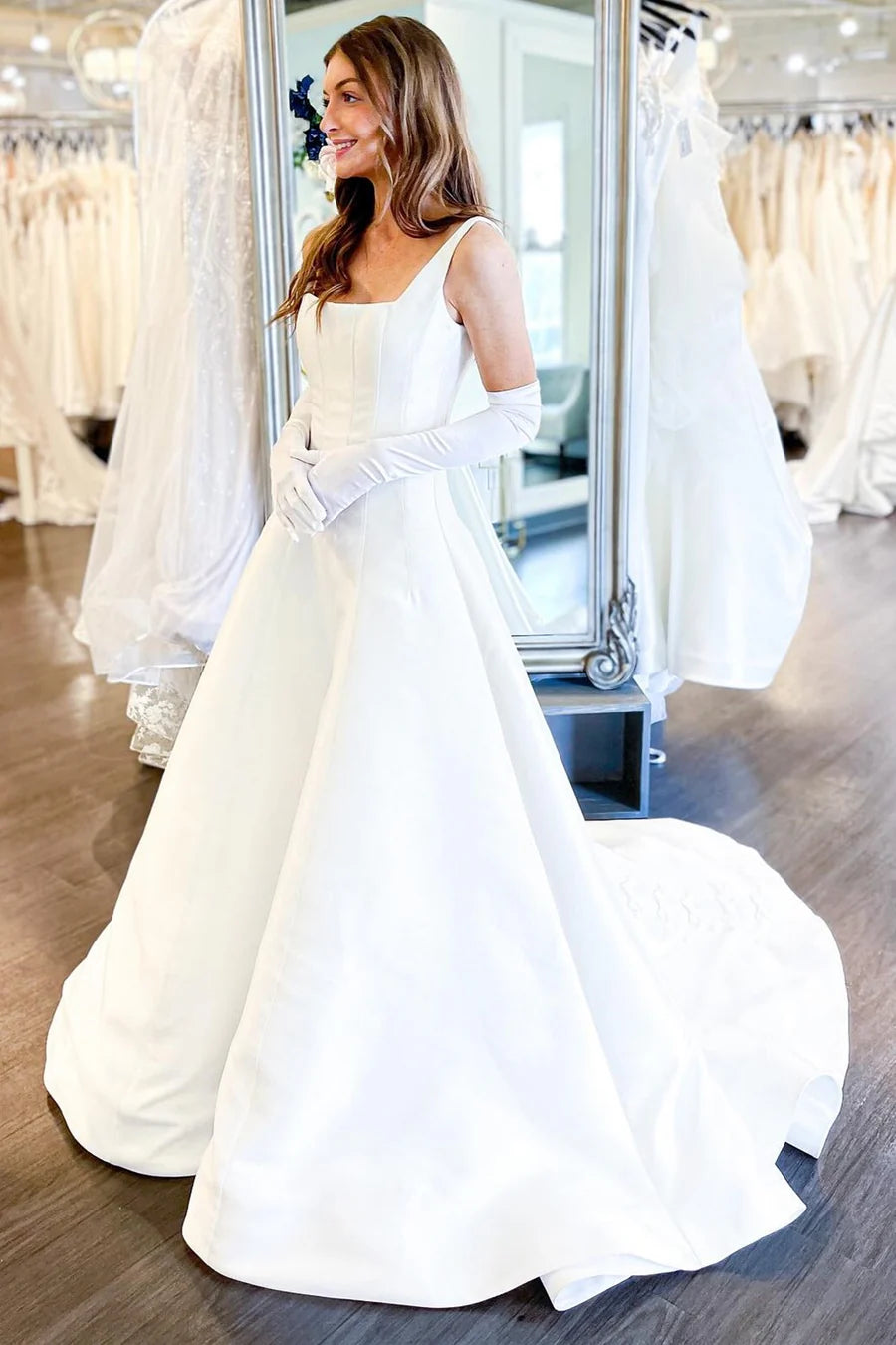 Square Neck A-Line Wedding Dress with Bows