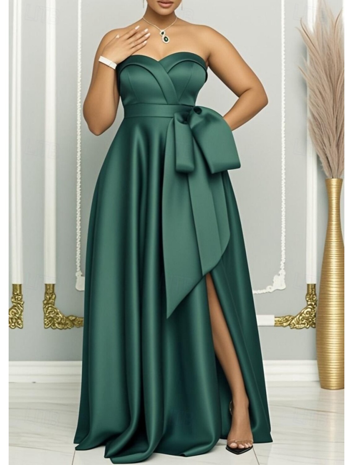 A-Line Wedding Guest Dresses Side Slit Dress Wedding Guest Homecoming Floor Length Sleeveless Sweetheart Fall Wedding Guest Satin with Slit Butterfly