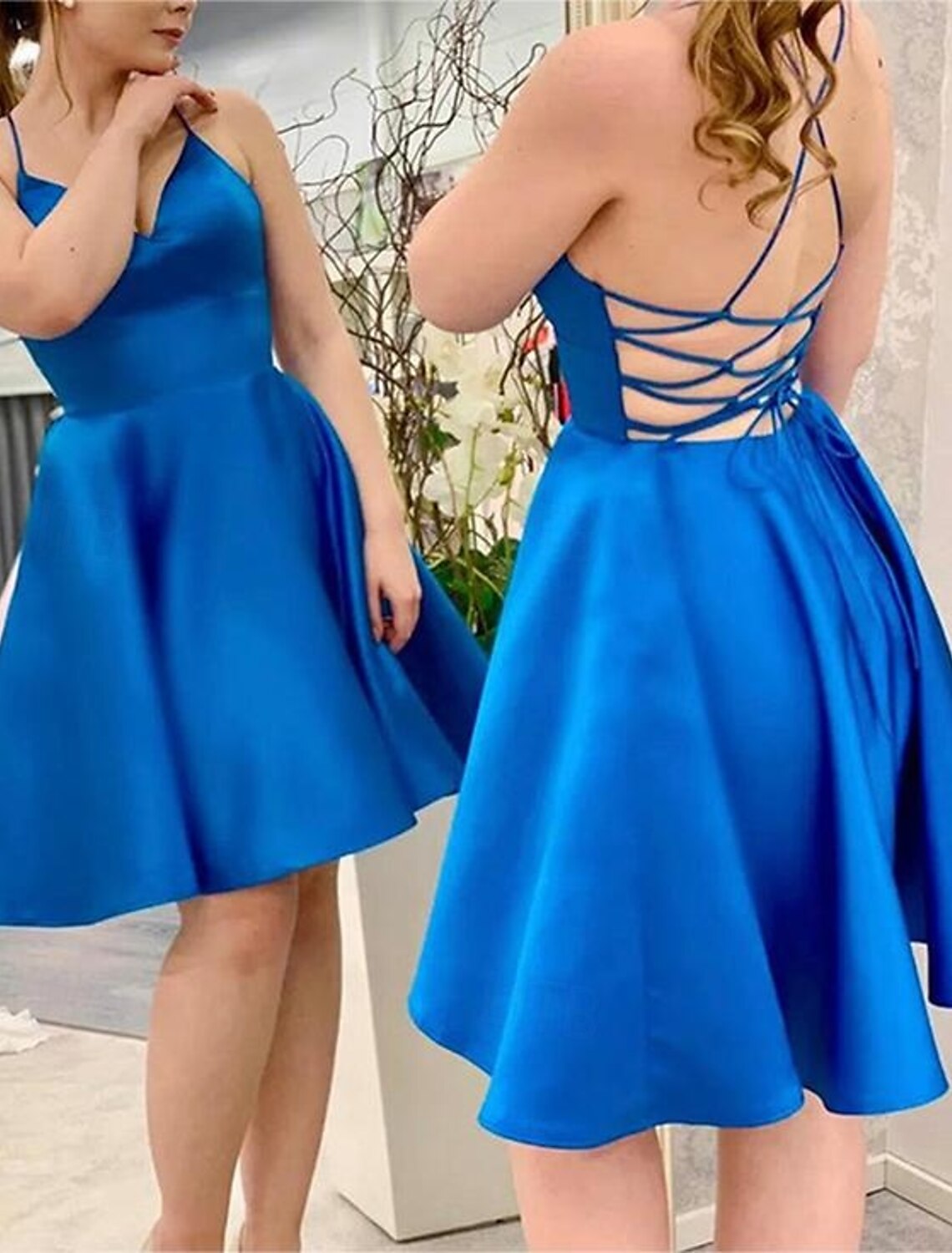 A-Line Homecoming Dresses Minimalist Dress Homecoming Graduation Knee Length Sleeveless V Neck Pocket Cotton Backless with Criss Cross Strappy