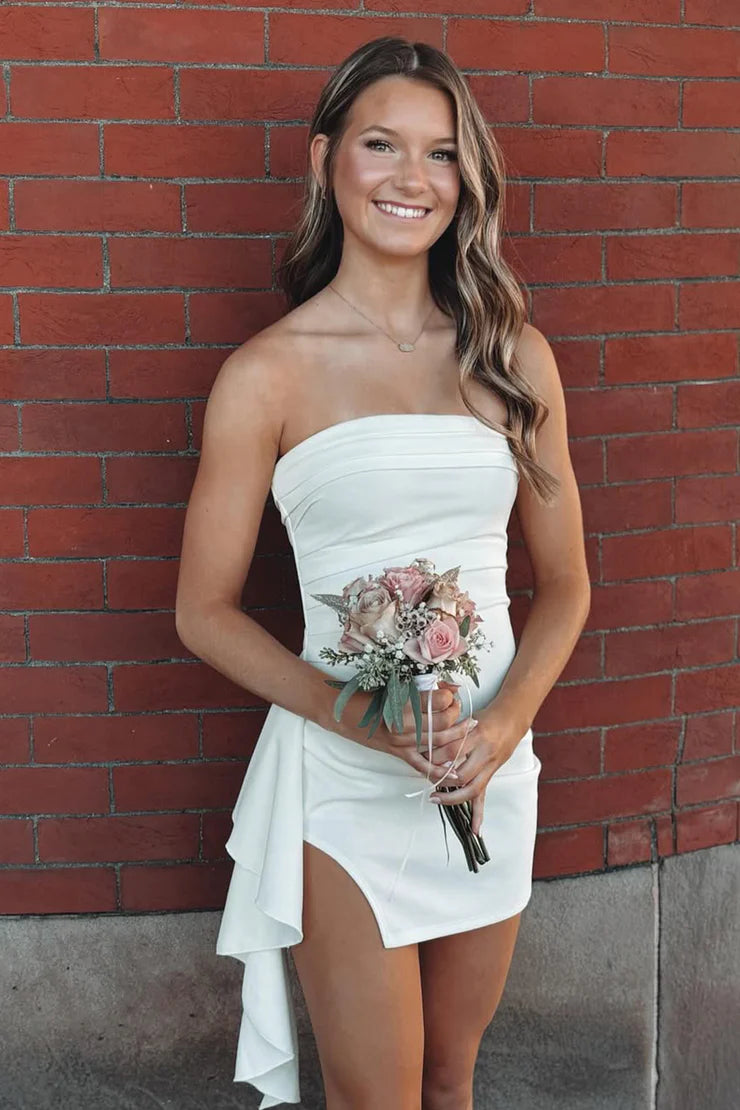 White Satin Strapless Homecoming Dress with Asymmetric Ruffle Detail Perfect for Bridal Events