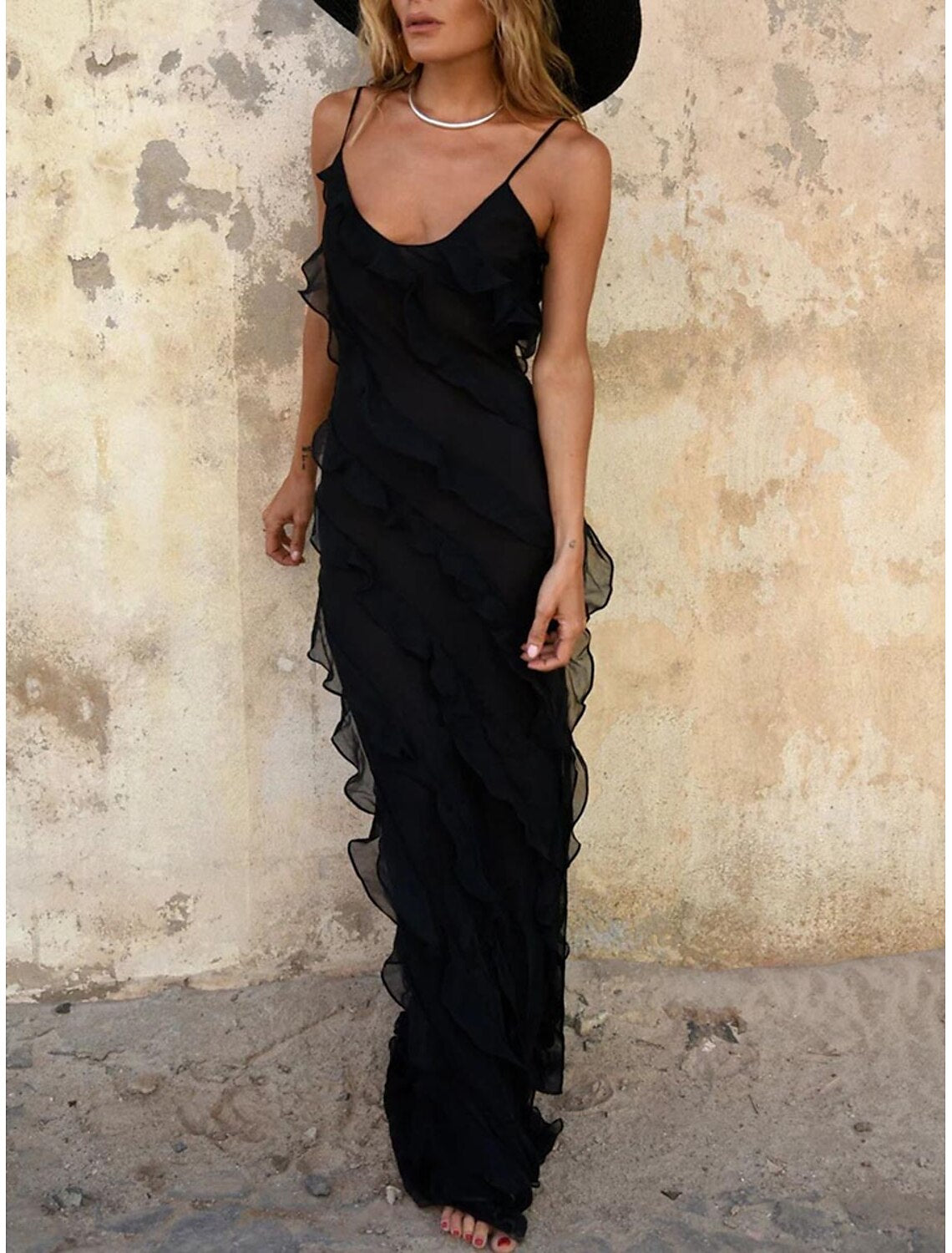 Women's Black Dress Prom Dress Party Dress Ruffle Split Spaghetti Strap Sleeveless Wedding Guest Vacation Black Red Summer Spring