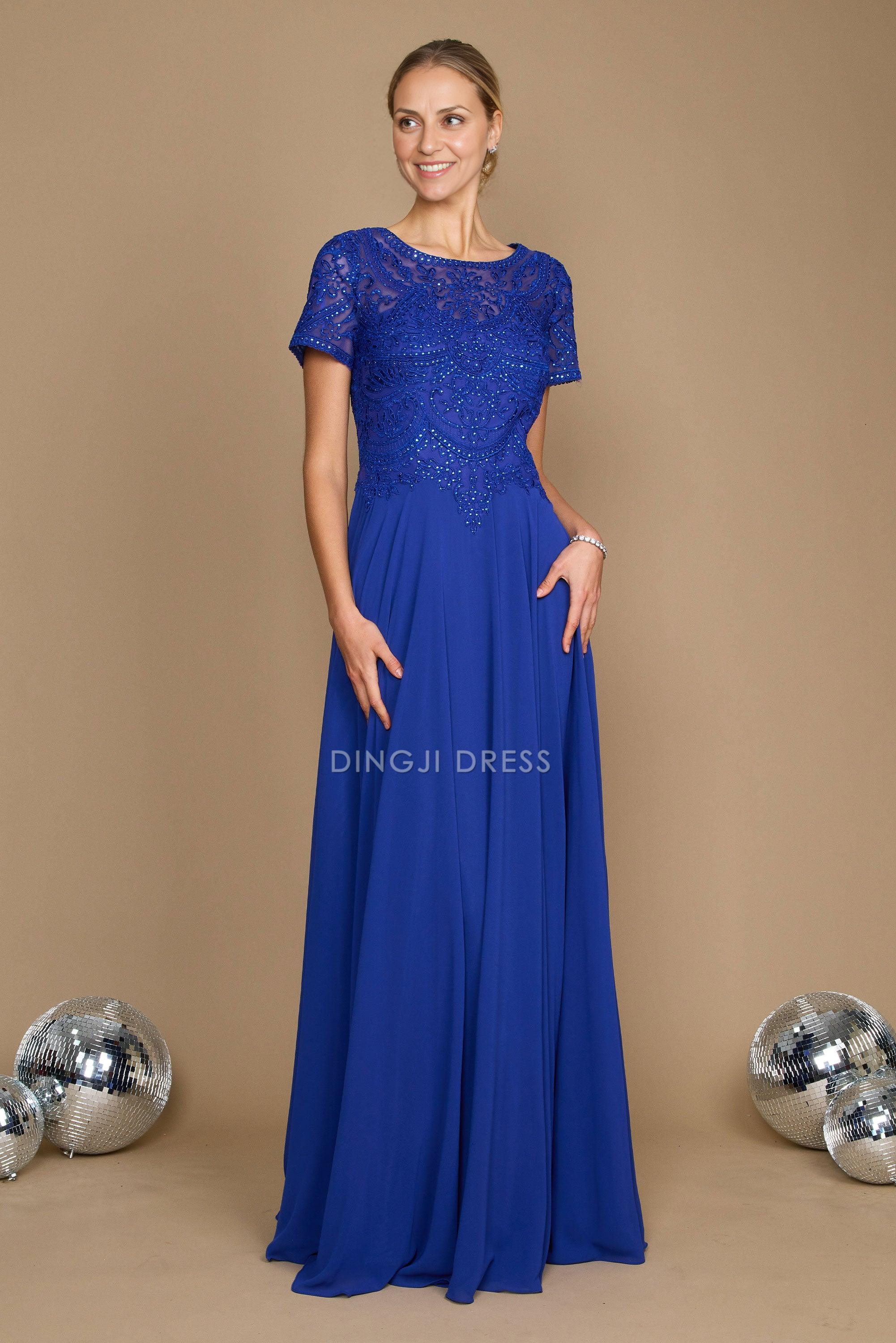 DingJiDress Evening Dress Gorgeous A Line Scoop Neck Short Sleeve Exquisite Mother Of The Bride Dress