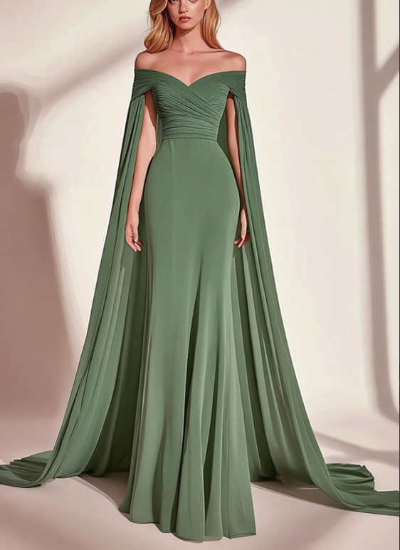 Eucalyptus Sheath Off the Shoulder Long Pleated Prom Dress with Cape