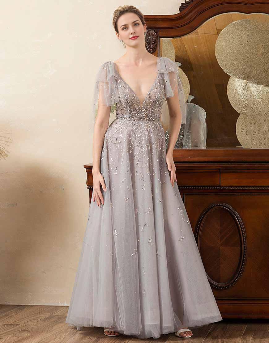 Grey A Line Beading Glitter Mother of Bride Dress