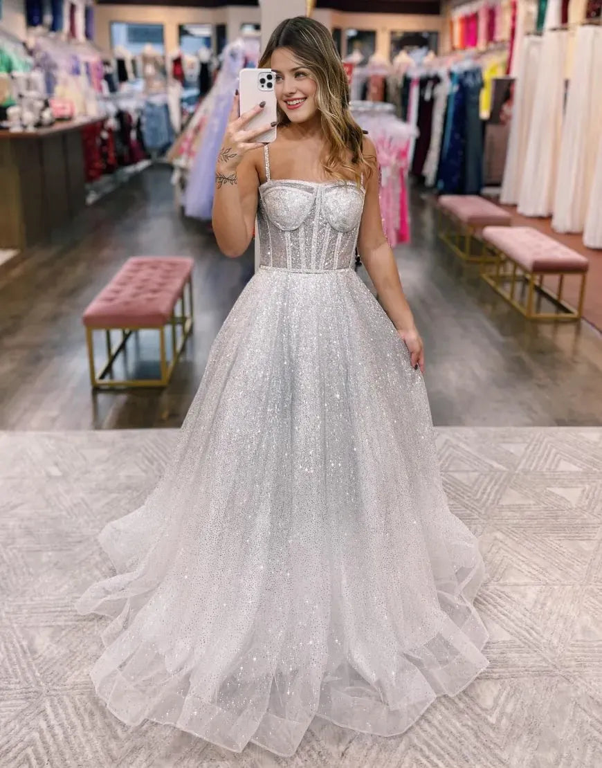 A-Line Spaghetti Straps Tulle Organza Wedding Dress