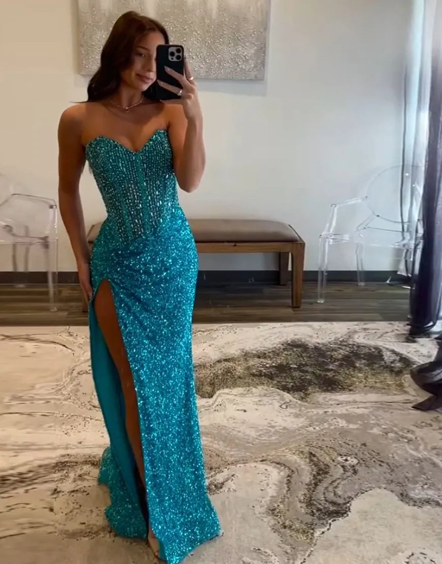 Blue sequined mermaid strapless tight long slit ball dress