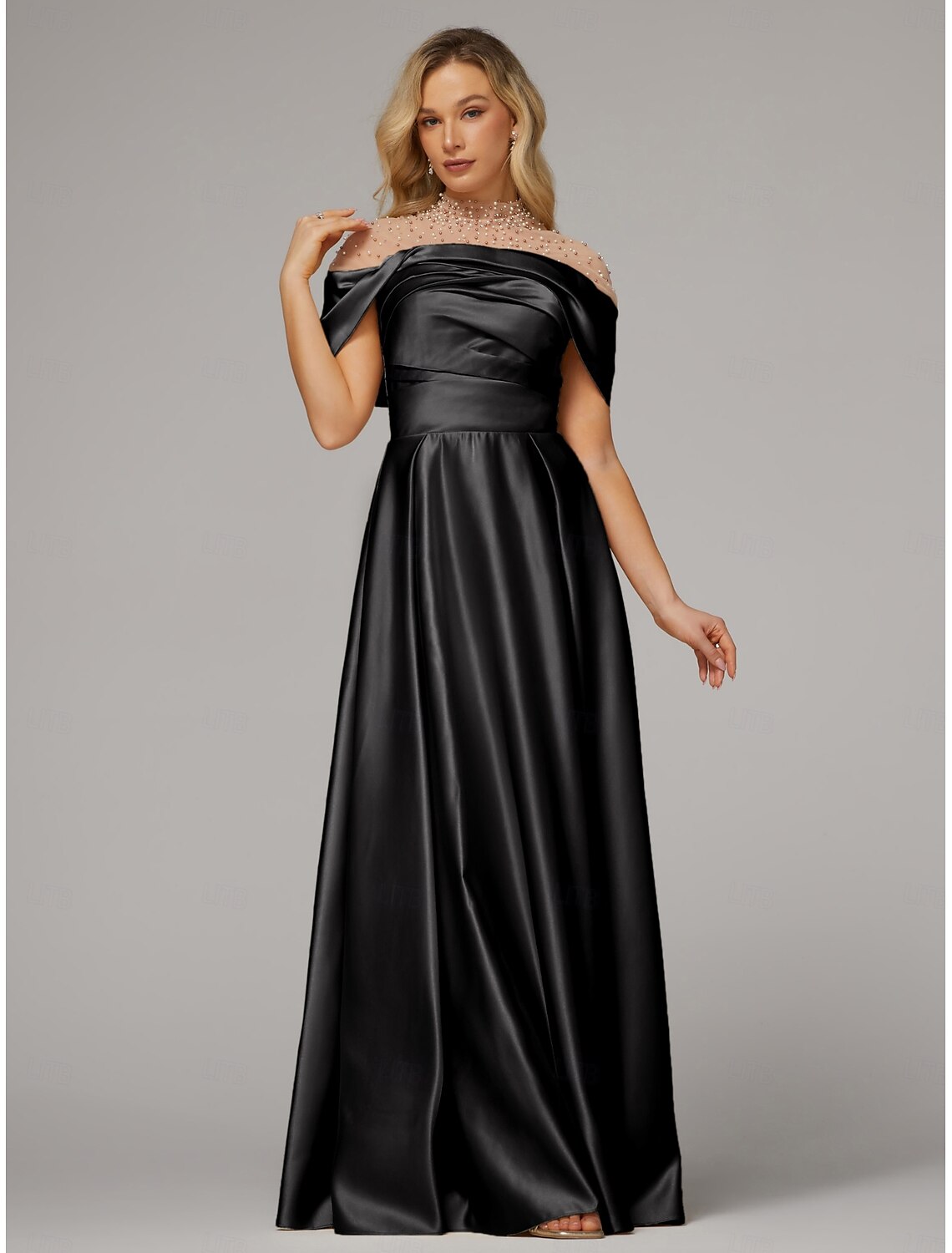 A-Line Evening Gown Elegant Dress Formal Floor Length Short Sleeve Illusion Neck Satin with Ruched Beading