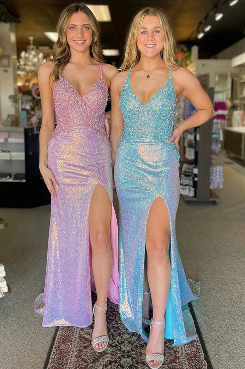 DingJiDress Pink Mermaid Long Prom Dresses V Neck Sequin Appliques