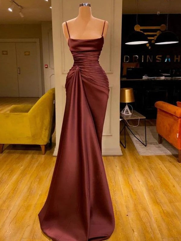 Sheath/Column Elastic Woven Satin Ruched Spaghetti Straps Sleeveless Sweep/Brush Train Dresses