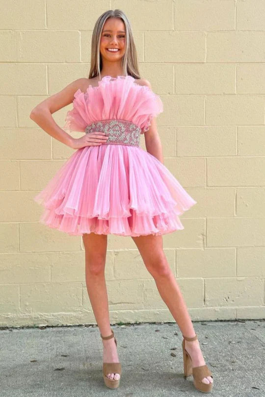 DingJiDress Pink Homecoming Dress Strapless Ruffle Pleated Short Dress with Beaded Band Waist Graduation Dresses