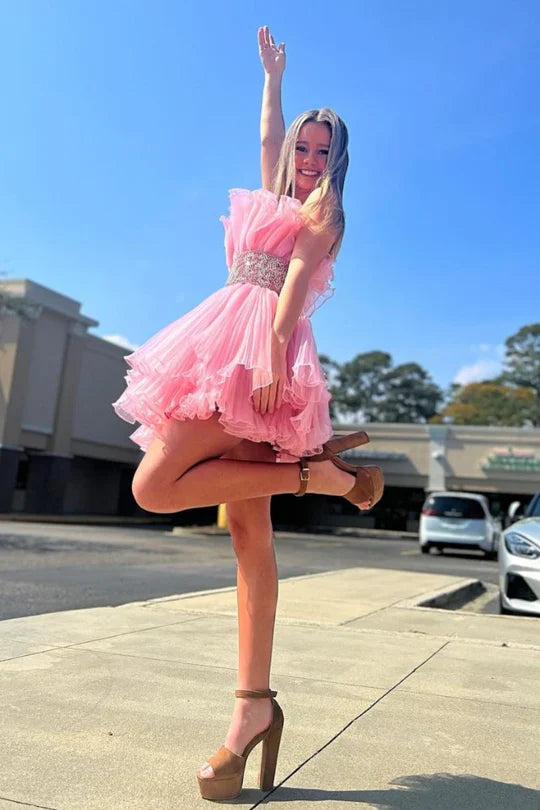 DingJiDress Pink Homecoming Dress Strapless Ruffle Pleated Short Dress with Beaded Band Waist Graduation Dresses