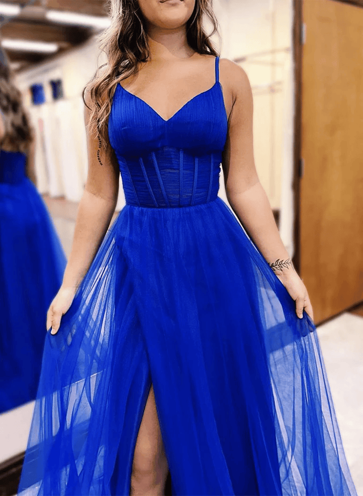 Royal Blue A-Line V Neck Tulle Long Prom DressBlue Tulle Party Dress