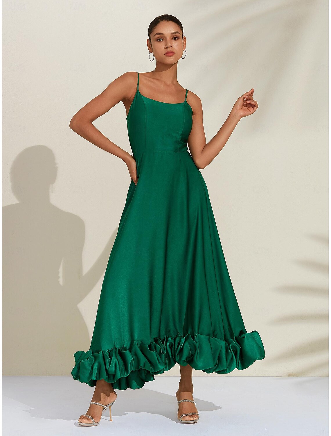 Women's Green Luxe Satin Special Occasion Dress 3D Ruffle Cami Maxi Party/Wedding Guest Dress dress to impress
