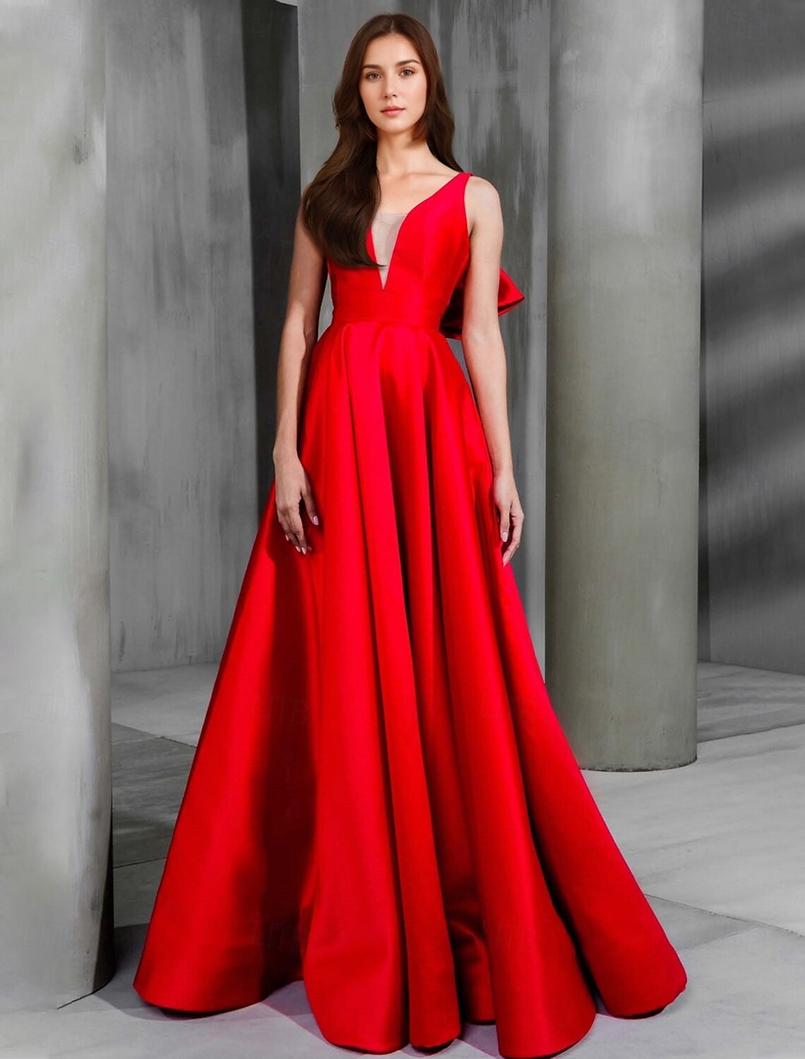 Red Green Black Tie A-Line Evening Gown Elegant Dress Formal Floor Length Sleeveless V Neck Satin with Bow