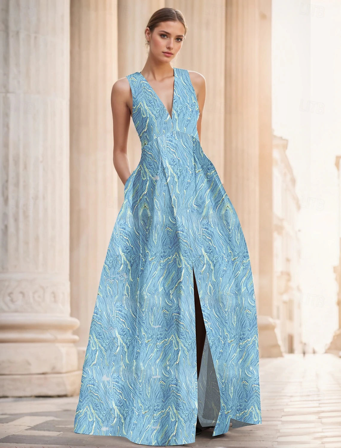 Jacquard Pink A-Line Evening Gown Elegant Dress Formal Wedding Floor Length Sleeveless V Neck Pocket Nylon with Slit Pocket