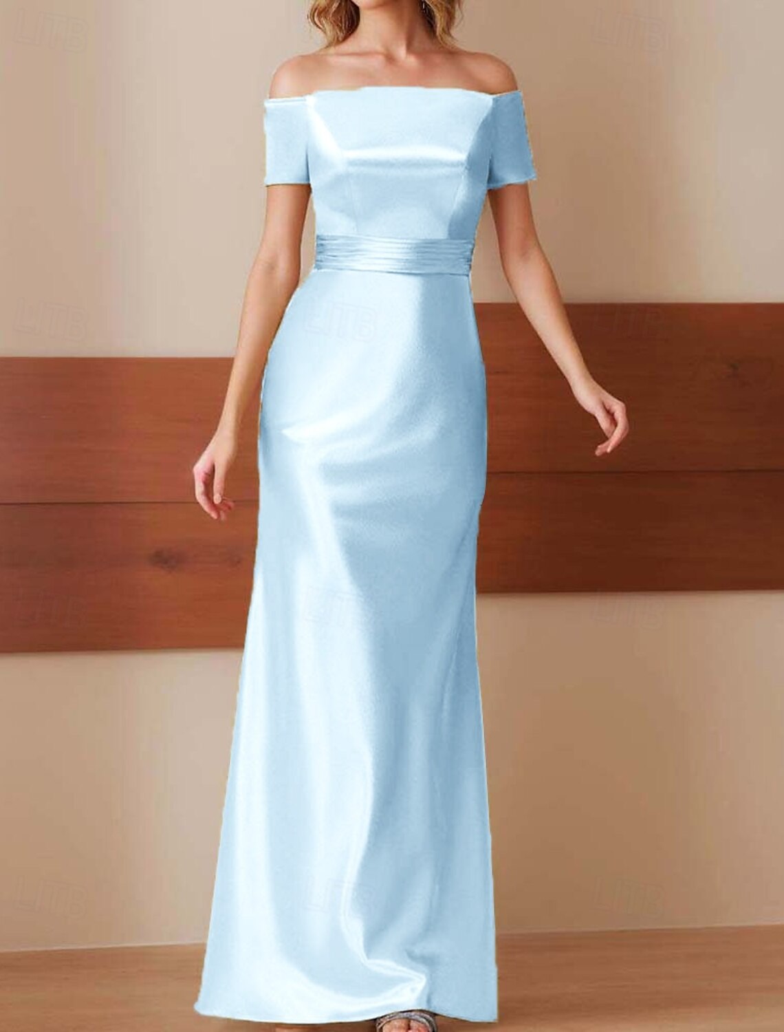 Sheath Column Evening Gown Elegant Dress Formal Performance Floor Length Short Sleeve Off Shoulder Glossy Satin