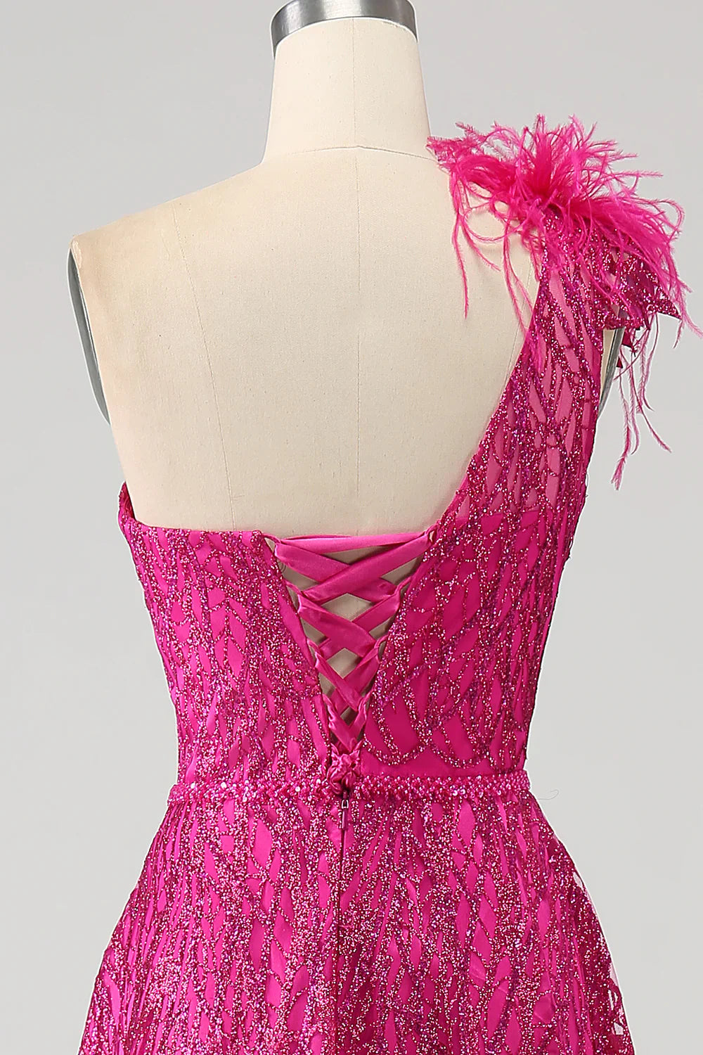 DingJiDress Fuchsia A-Line One Shoulder Feather Sequin Long Prom Dress With Slit