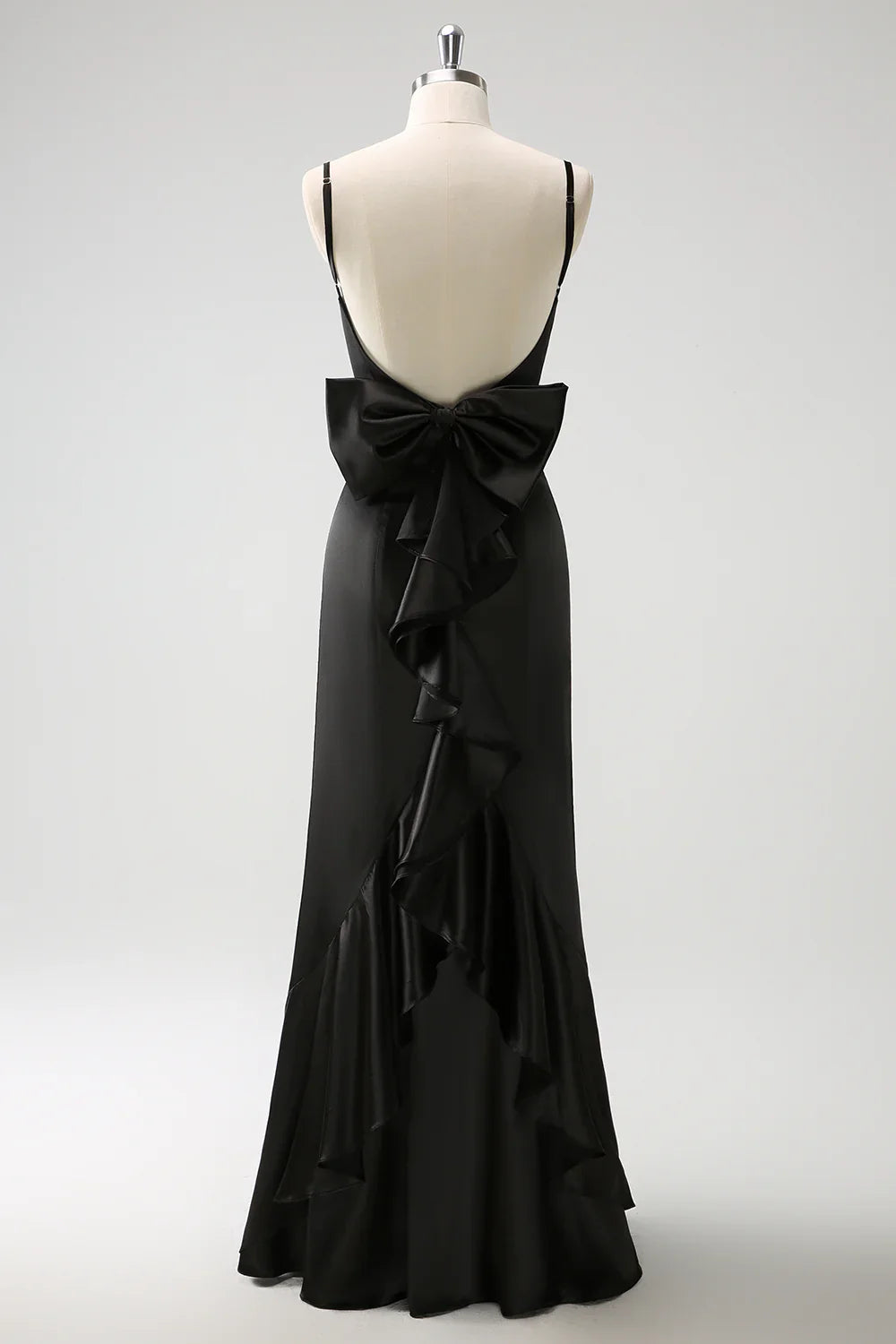 DingJiDress Black Mermaid Bridesmaid Dress Spaghetti Straps Long Ruffle Satin with Bow