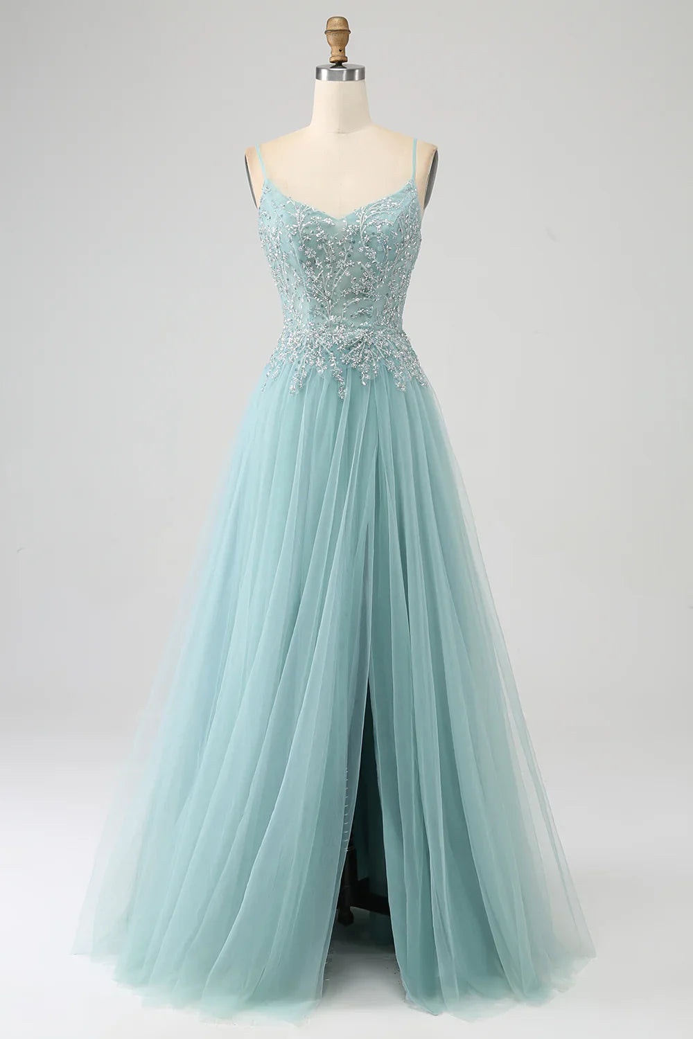 DingJiDress Sparkly Light Green A-Line Sequin Applique Corset Prom Dress With Slit